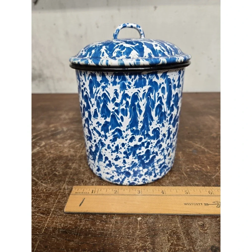 Vintage Blue White Splatter Enamelware Canister Set of 4 Lidded Nesting